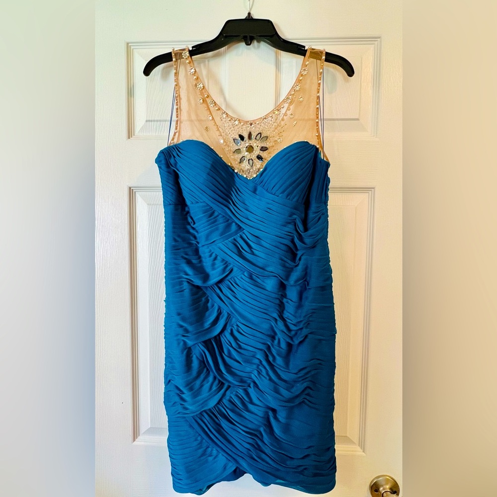 NITELINE Cocktail/Formal Dress. Teal with crystal illusion neckline. Size 14.